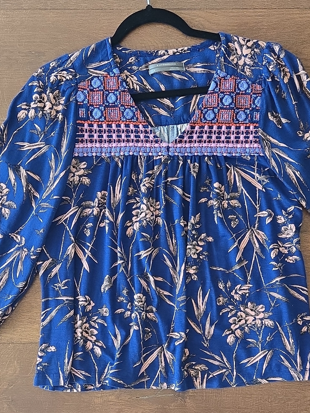 Anthropologie Blue Floral Embroidered Peasant Blouse